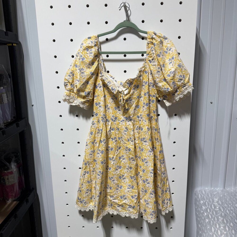 Knee length yellow and blue floral dress with lace detail size large